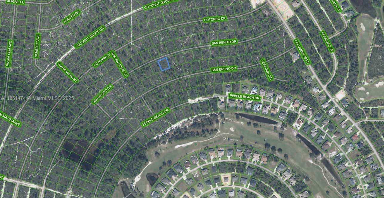 This is an aerial map showing a vacant residential lot highlighted in blue — 6503 San Benito, Sebring FL 33872, SEBRING, FL