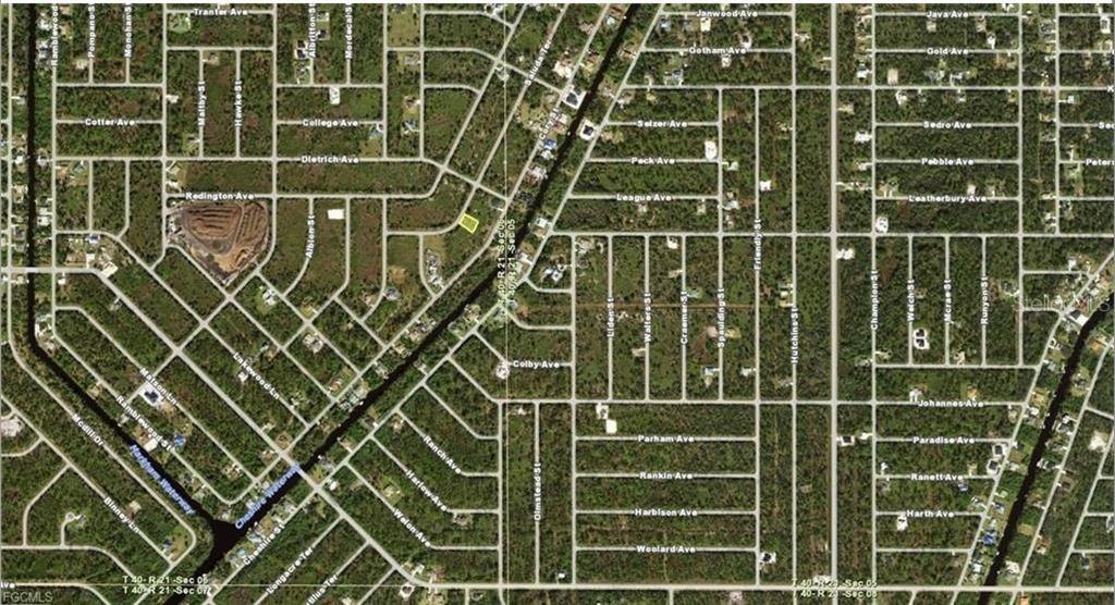 This is an aerial map showing a highlighted residential lot within a grid of streets — 250 SALUDA TERRACE, PORT CHARLOTTE, FL