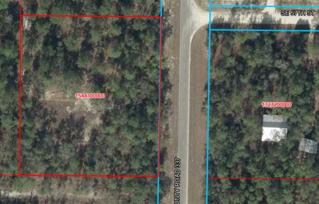An aerial map shows two wooded land parcels outlined in red and blue near a road — 5730 SE COUNTY ROAD 337, MORRISTON, FL