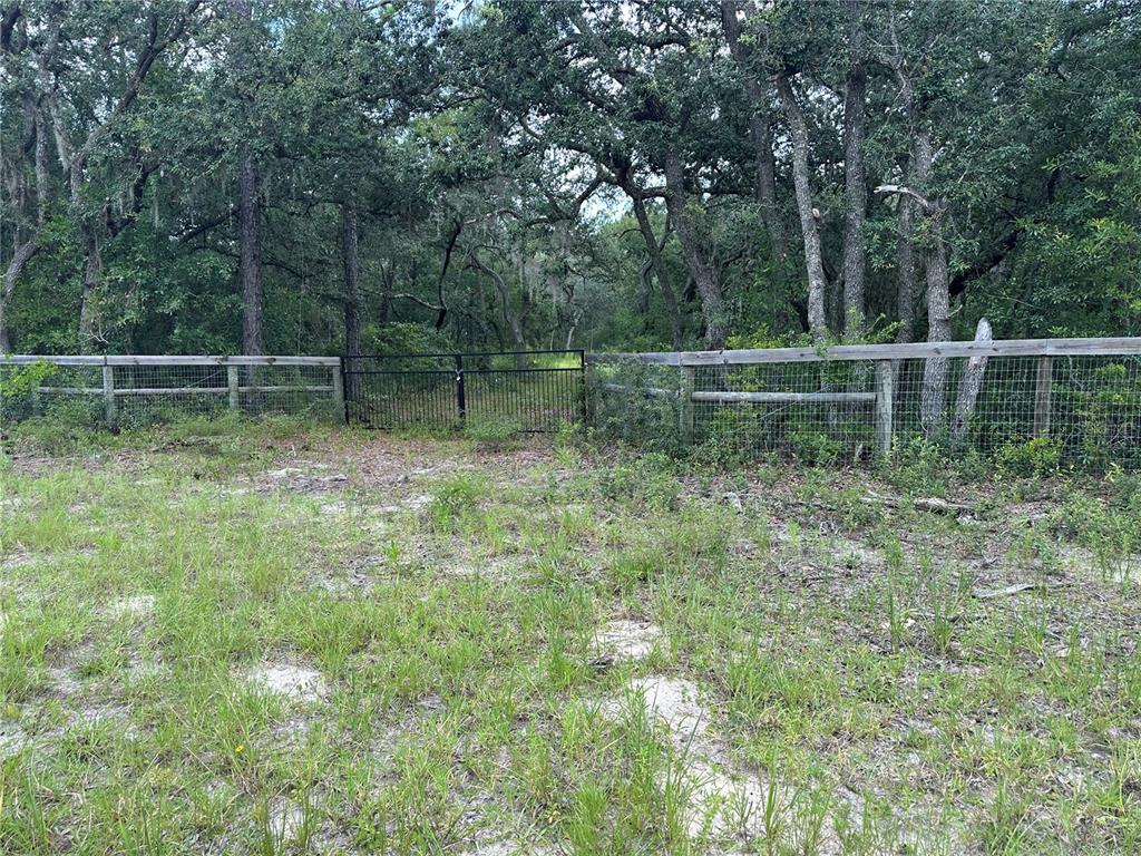 A metal gate set in a wooden fence leads into a wooded area — 5730 SE COUNTY ROAD 337, MORRISTON, FL