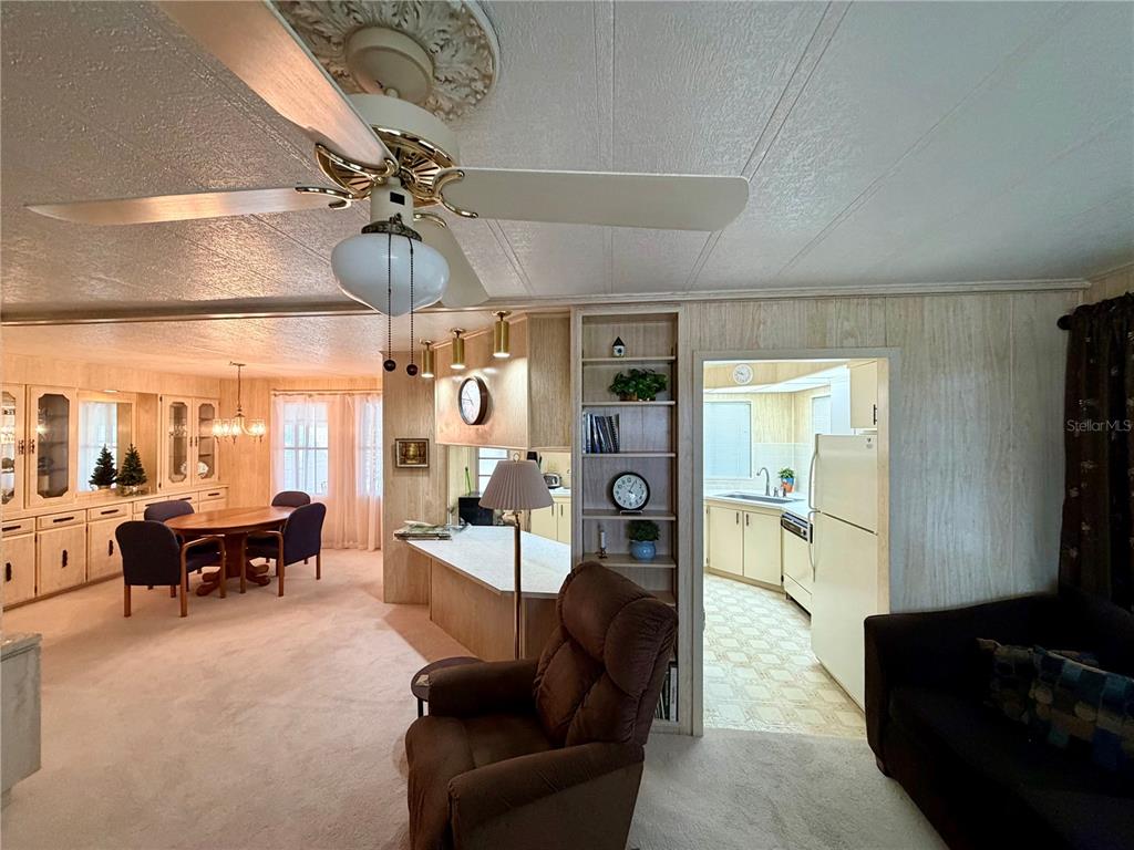 A living room features beige carpeting, wood-paneled walls, a ceiling fan, and a kitchen pass-through — 6571 NE 1ST PLACE, OCALA, FL