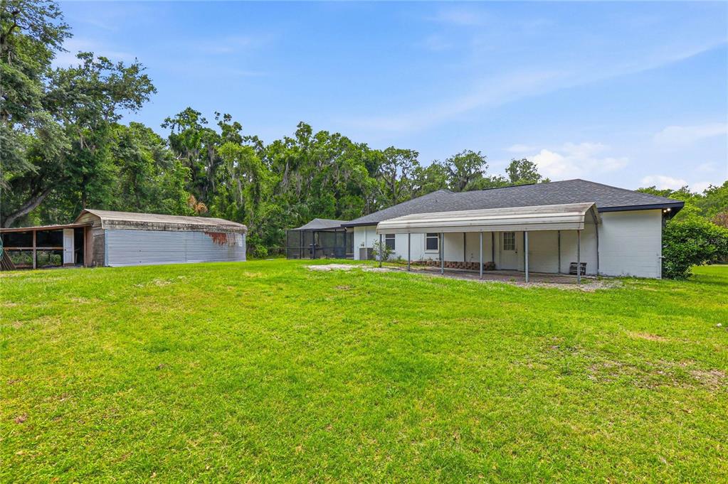 A grassy backyard features a white house with a metal patio cover and a shed — 403 WENDEL AVENUE, LITHIA, FL