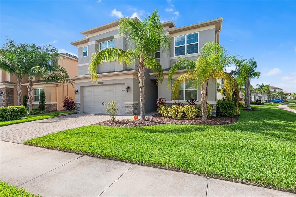 A two-story gray house with a two-car garage and palm trees in the front yard — 3101 HOLLOW HICKORY PLACE, WESLEY CHAPEL, FL