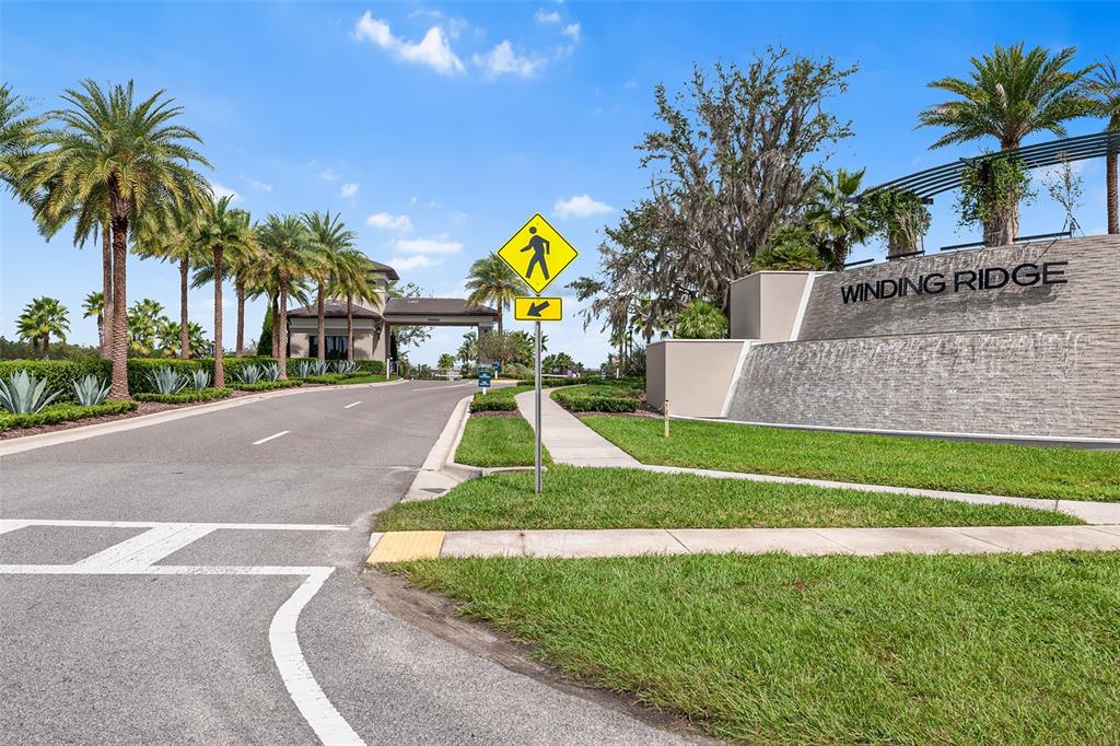The entrance to Winding Ridge features a stone monument sign, palm trees, and a gatehouse — 3101 HOLLOW HICKORY PLACE, WESLEY CHAPEL, FL