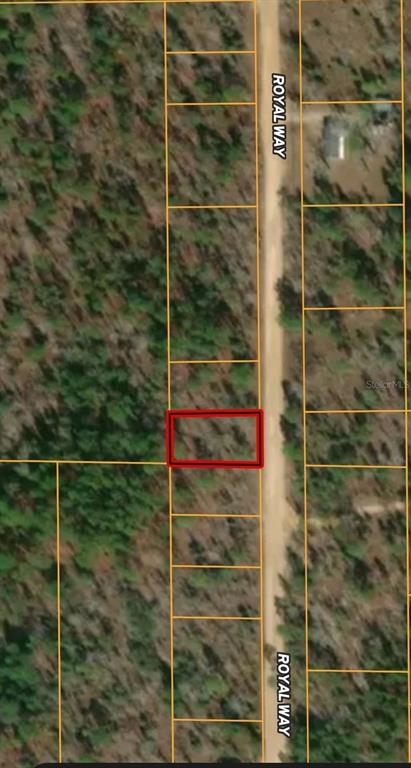 An aerial map view shows a rectangular plot of land highlighted in red along a road — LOT 127 ROYAL WAY, HAWTHORNE, FL