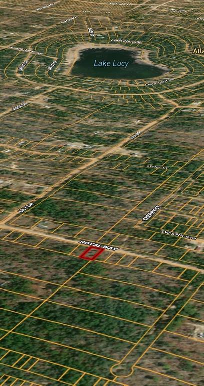 This is an aerial map view showing a highlighted vacant lot near Lake Lucy — LOT 127 ROYAL WAY, HAWTHORNE, FL