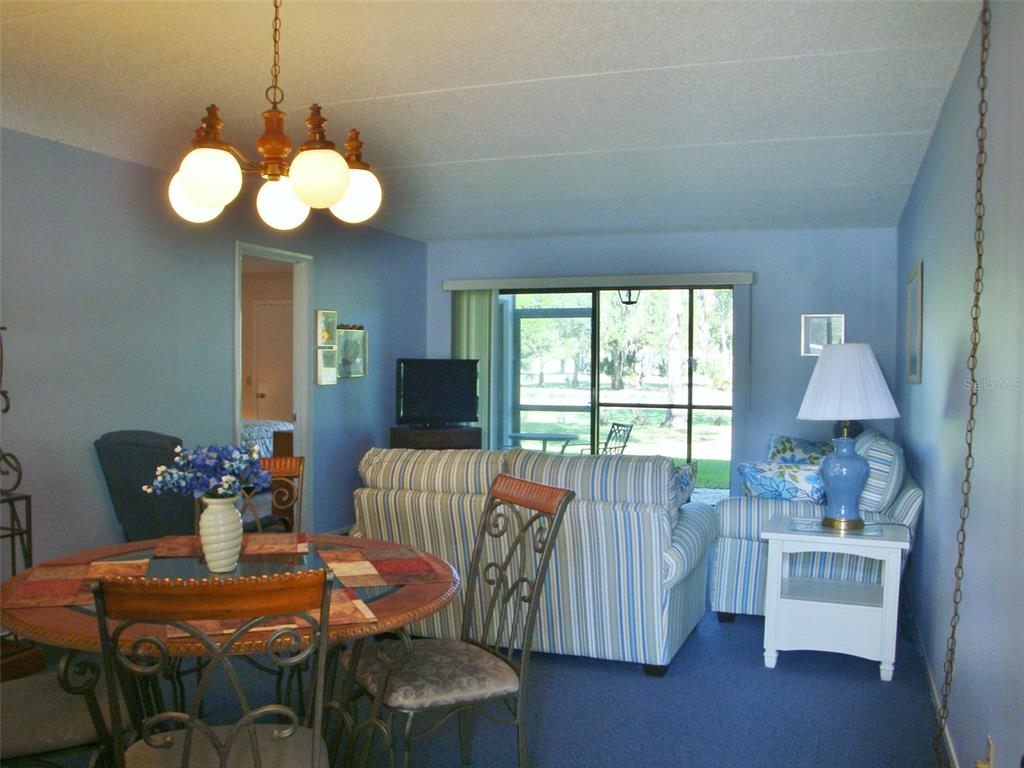 A living and dining area with blue walls, blue carpet, and a sliding glass door — 111 E CYPRESS COURT UNIT 111, OLDSMAR, FL