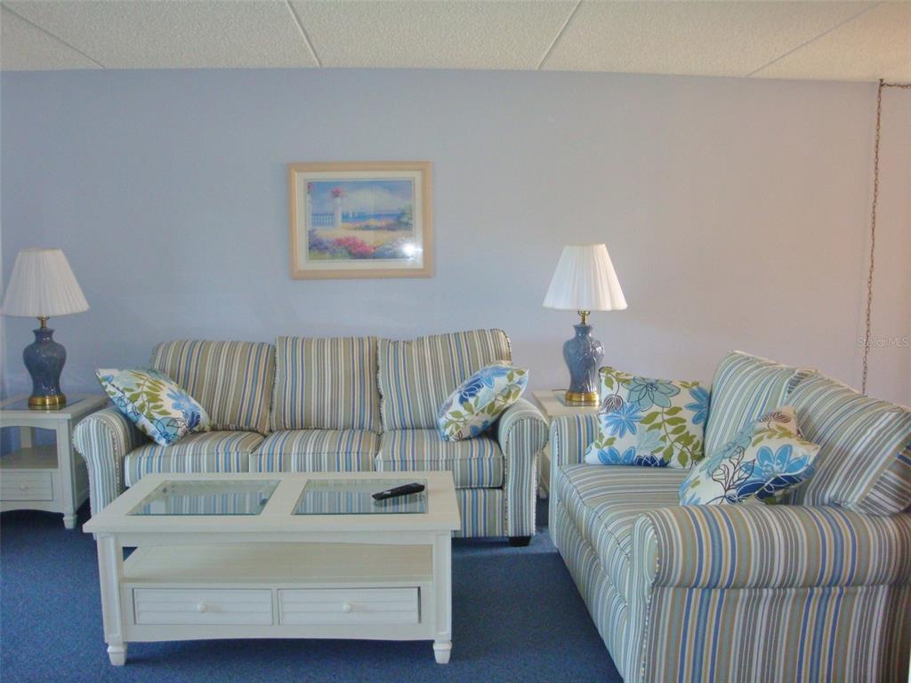 A living room features striped sofas, a white coffee table, and blue carpet — 111 E CYPRESS COURT UNIT 111, OLDSMAR, FL
