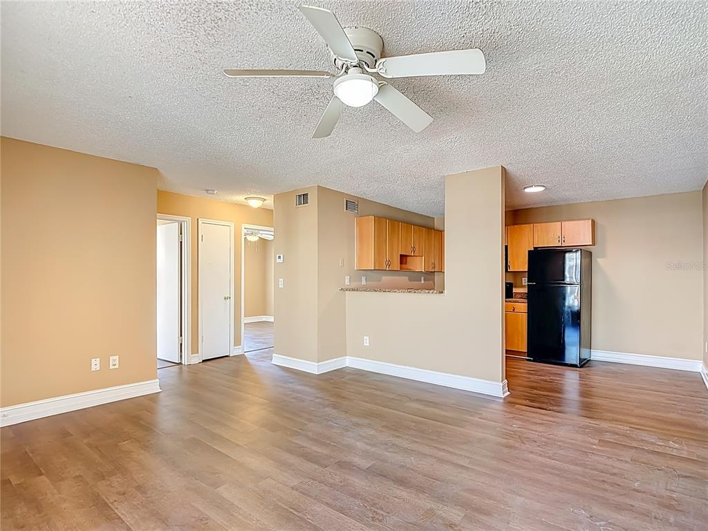 An open-concept living area features wood-look flooring, a ceiling fan, and a kitchen with cabinets — 21038 VOYAGER BOULEVARD UNIT 8, LAND O LAKES, FL