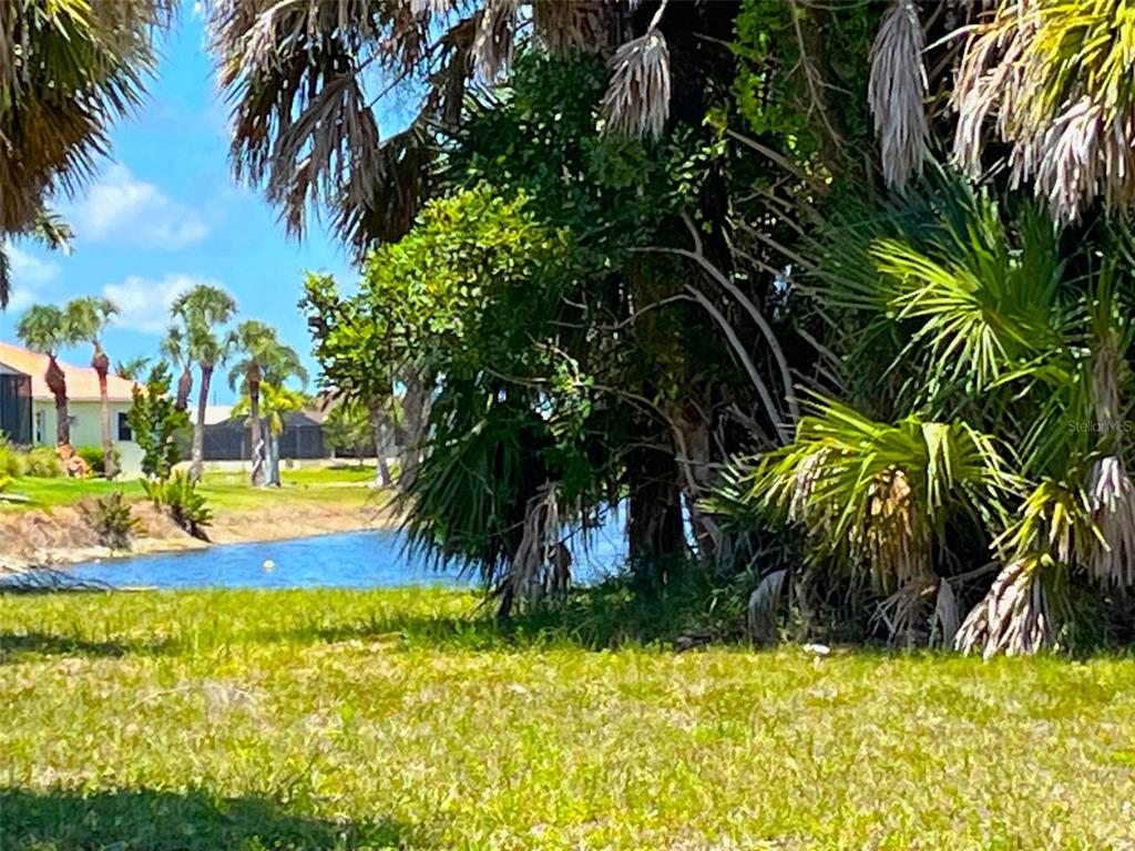 A grassy lawn leads to a small pond surrounded by palm trees and tropical vegetation — 16451 CAPE HORN BOULEVARD, PUNTA GORDA, FL