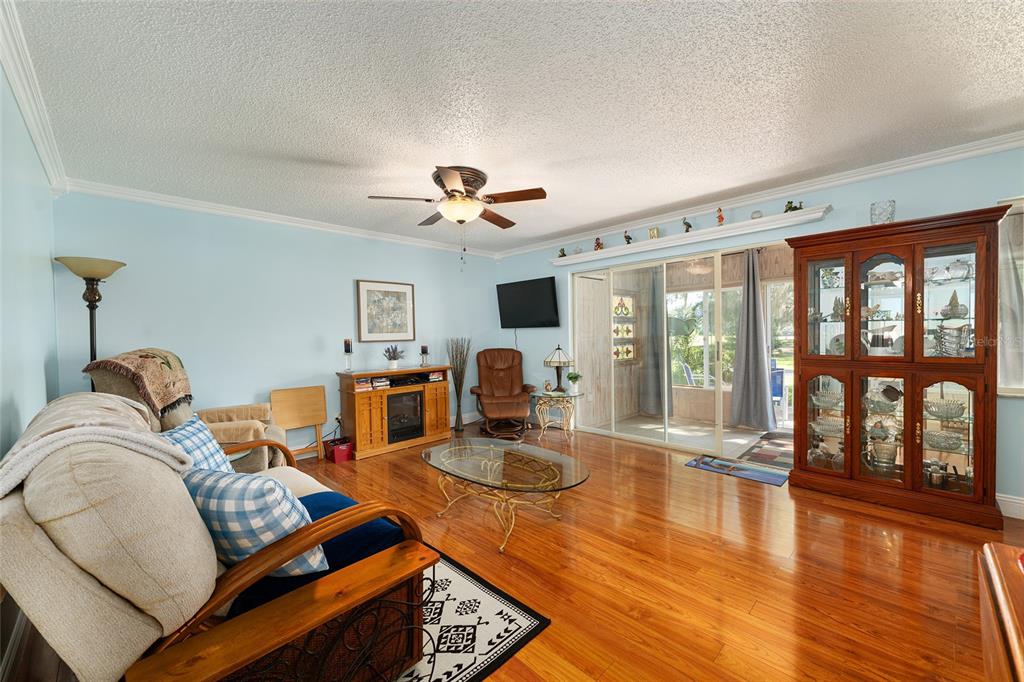 A living room features light blue walls, hardwood floors, a ceiling fan, and a china cabinet — 749 MIDWAY DRIVE UNIT A, OCALA, FL
