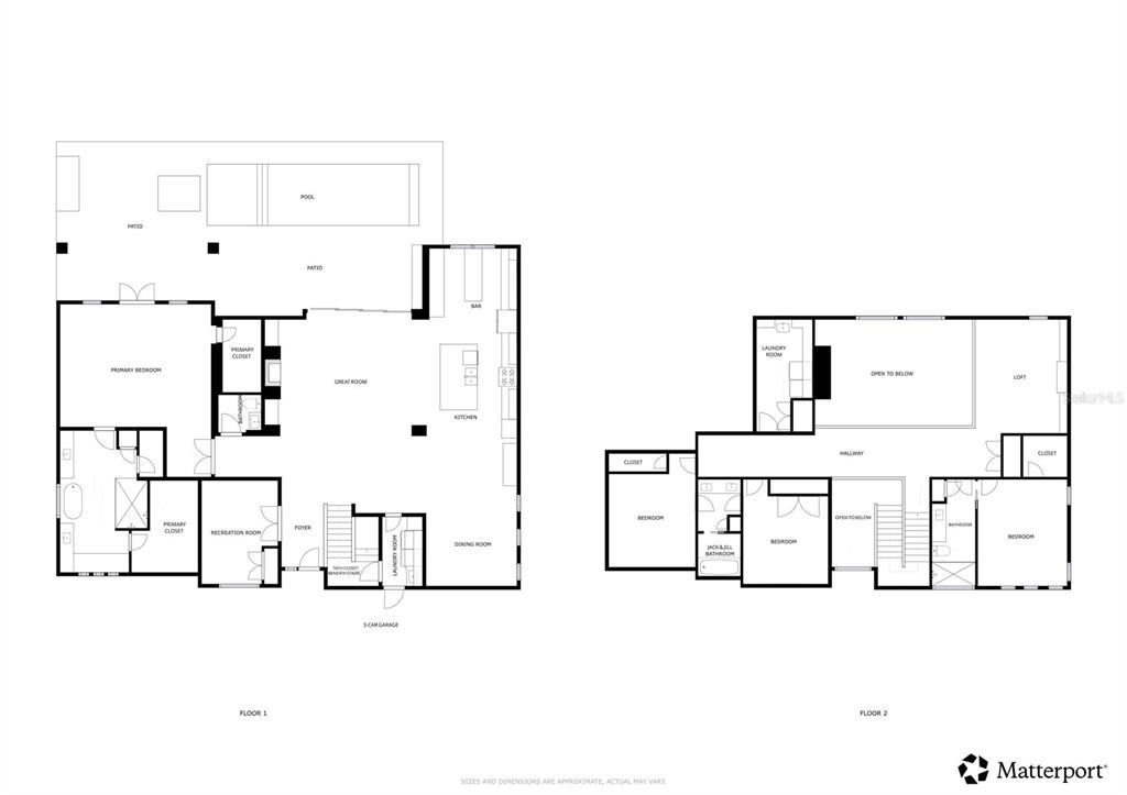 This is a two-story floor plan showing a house with a pool and patio — 1659 CANYON OAK WAY, SANFORD, FL