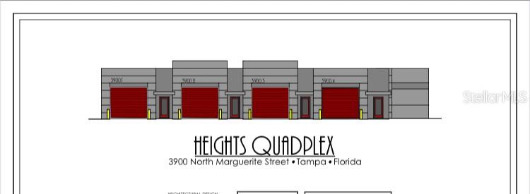 An architectural rendering shows the exterior facade of a four-unit commercial building with roll-up doors — 3900 N MARGUERITE AVENUE, TAMPA, FL