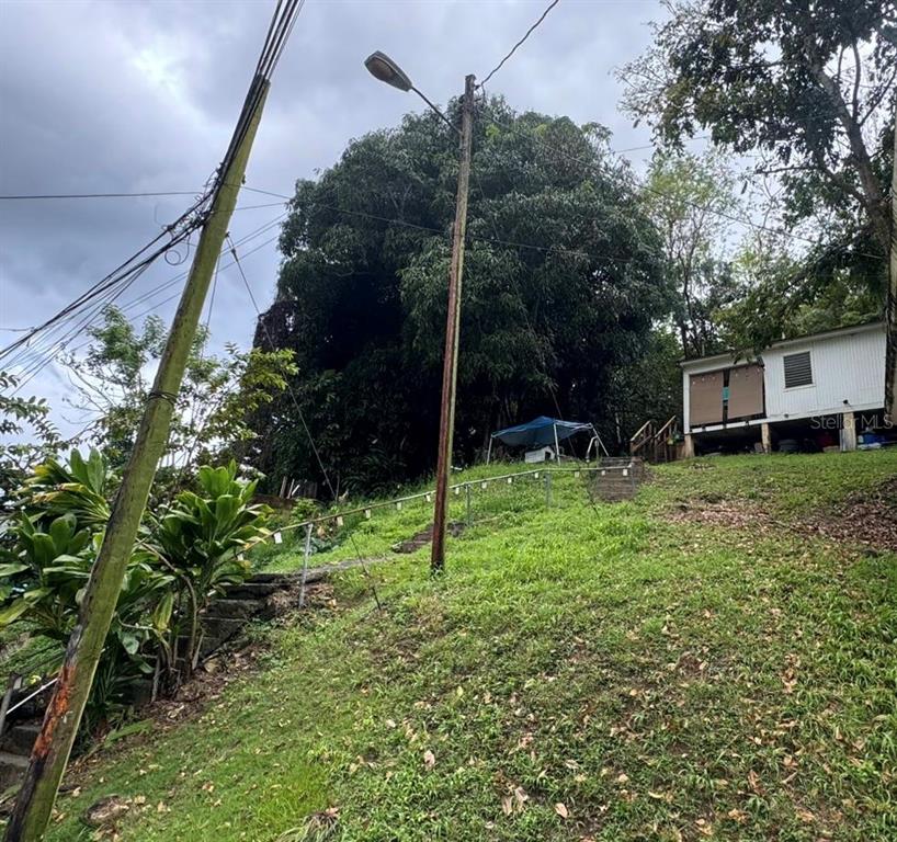 A grassy, sloped yard leads up to a small house with a blue canopy nearby — Carr. 344, Km. 1.2 BARRIO GUANAJIBO, HORMIGUEROS, PR