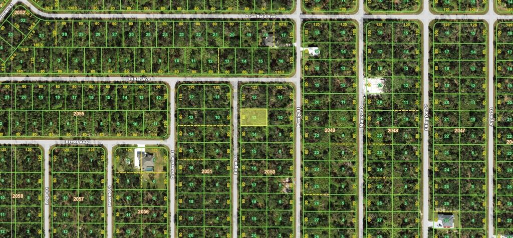 This is a satellite map view of a residential subdivision with undeveloped wooded lots — 380 EDGAR STREET, PORT CHARLOTTE, FL