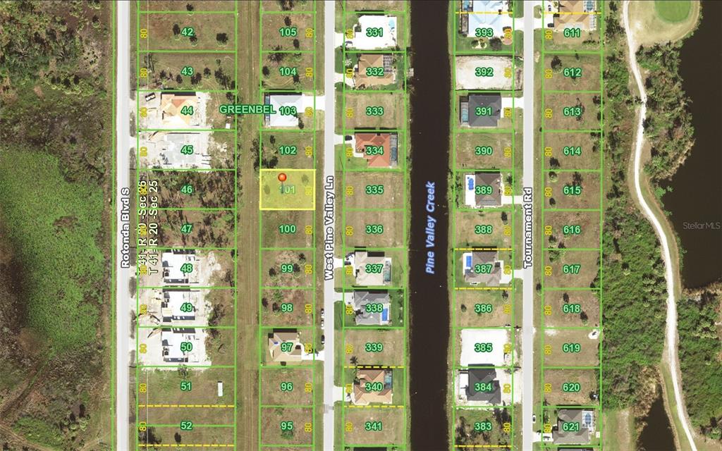 This is an aerial map showing residential lots and streets in a neighborhood — 241 W PINE VALLEY LANE, ROTONDA WEST, FL
