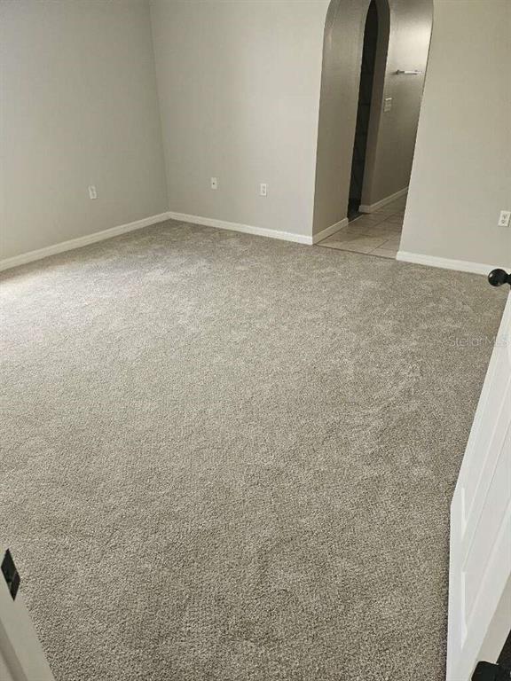 An empty room with gray carpet, light-colored walls, and an arched doorway leading to tile — 10917 BANYAN WOOD WAY, RIVERVIEW, FL
