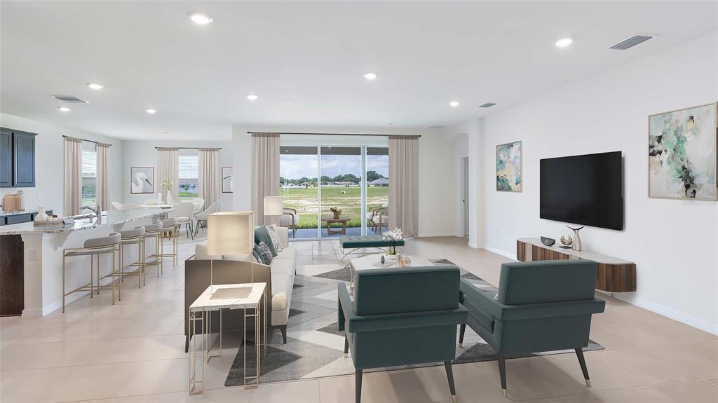 This is a digitally staged rendering of an open-concept living room and kitchen area — 32705 DULUTH DRIVE, WESLEY CHAPEL, FL