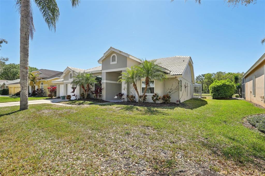 A single-story suburban house with a tan stucco exterior, tile roof, and palm trees — 954 COBBLESTONE LANE, TARPON SPRINGS, FL