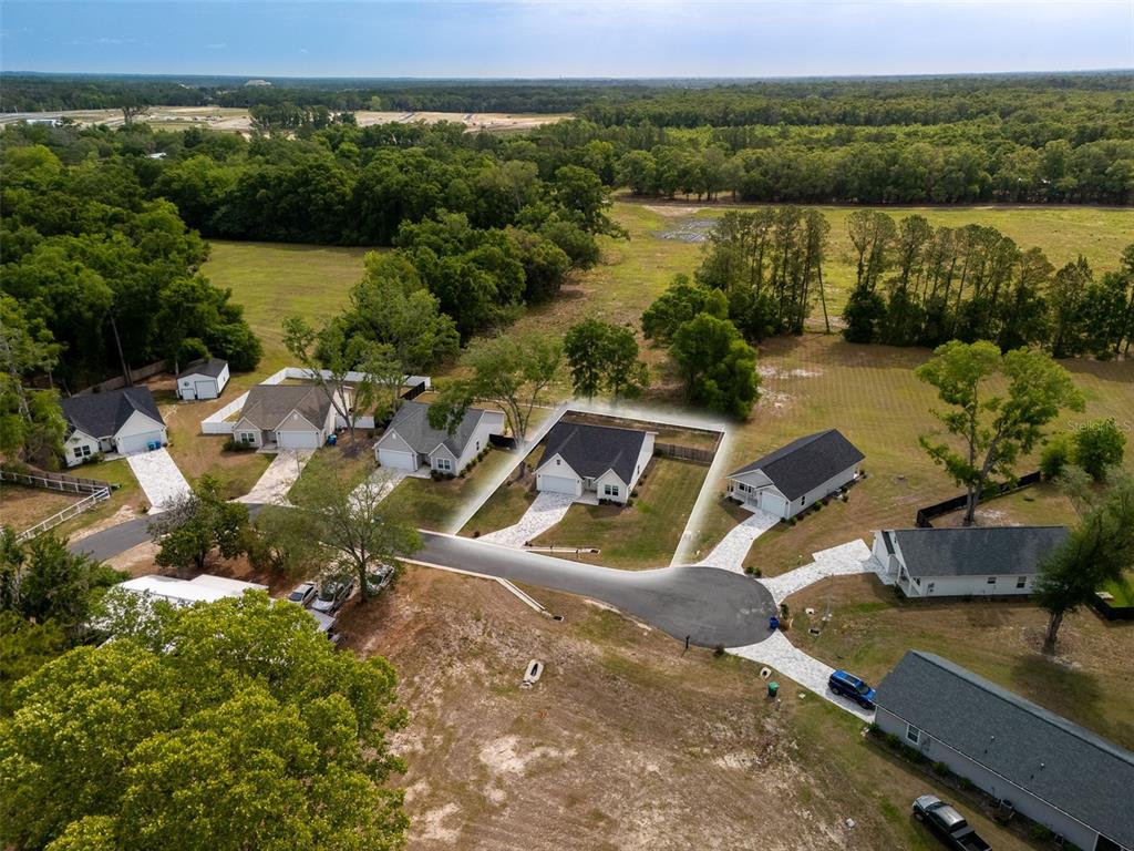An aerial view shows a suburban neighborhood with several single-family homes and surrounding wooded land — 217 SW 246TH WAY, NEWBERRY, FL