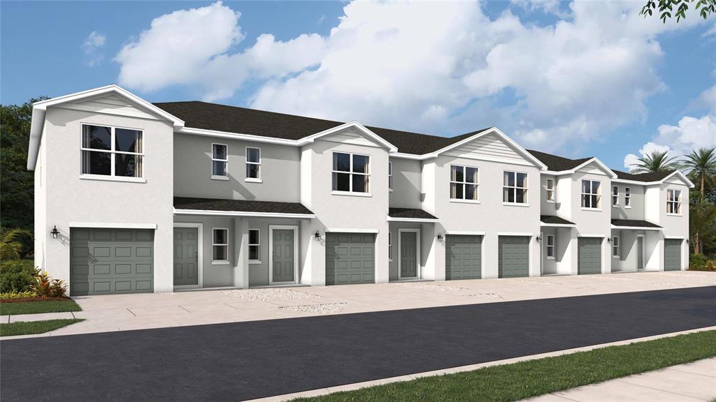 A digital rendering of a multi-unit townhouse complex with white stucco siding and grey garages — 2120 PILSNER LOOP, BRADENTON, FL