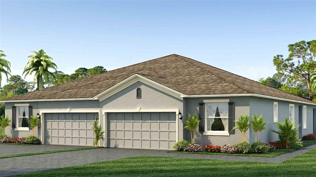 This is a rendering of a single-story house with a two-car garage and gray stucco — 18315 TAVERNSIDE TRAIL, LAKEWOOD RANCH, FL