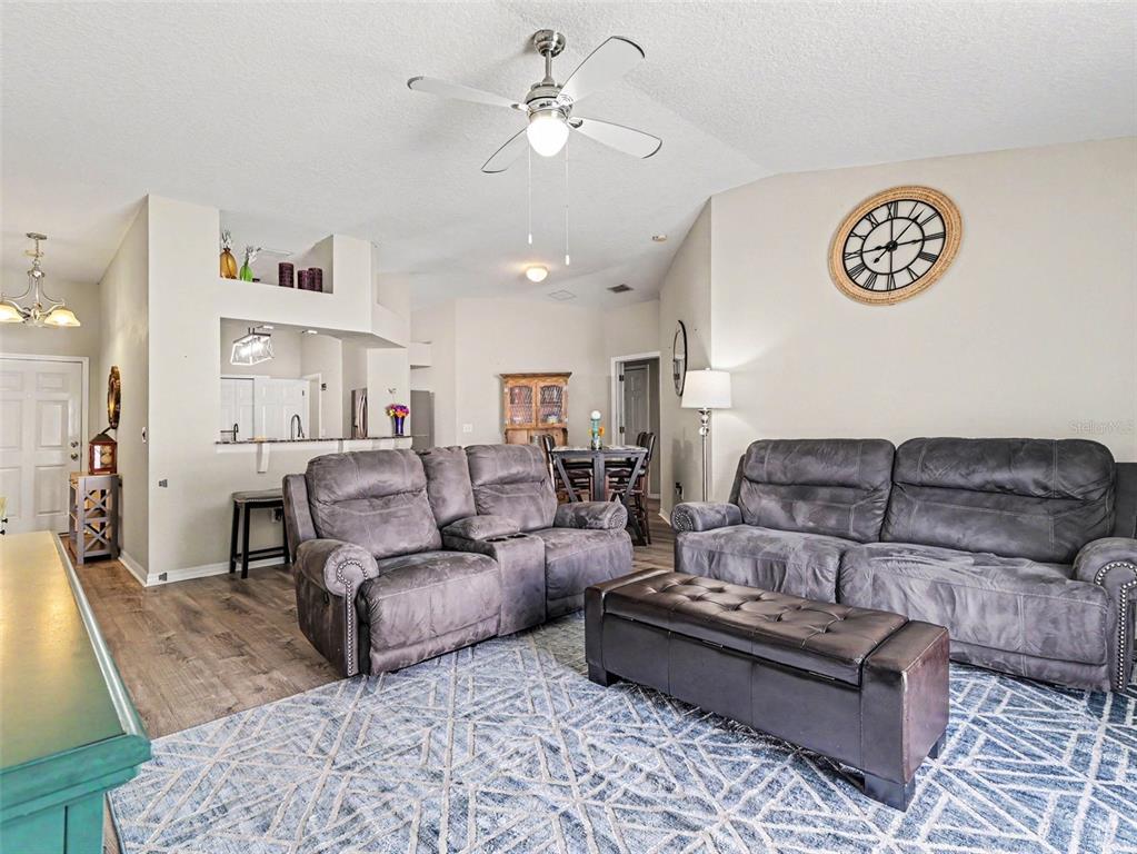 A living room features two grey sofas, a leather ottoman, and a blue patterned rug — 2620 BUCKHORN PRESERVE BOULEVARD, VALRICO, FL