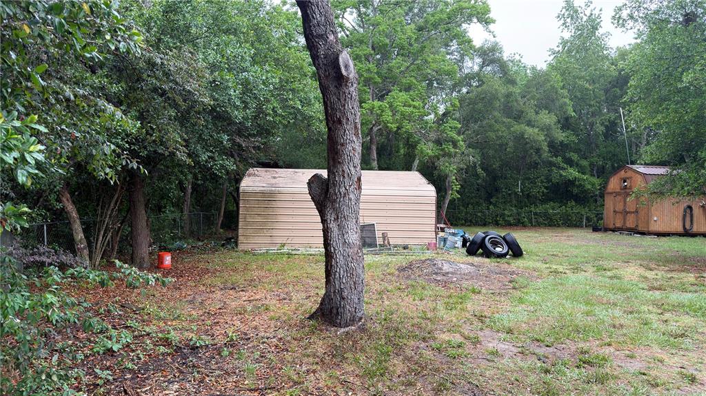 A backyard features a metal shed, a wooden shed, and a large tree — 4076 S OAKHURST DRIVE, HOMOSASSA, FL
