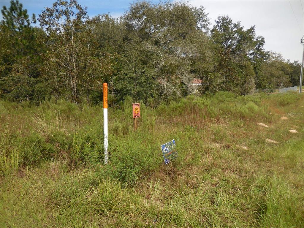 A vacant, grassy lot features a utility marker and a small sign near a wooded area — 6291 NE 112TH TERRACE, WILLISTON, FL