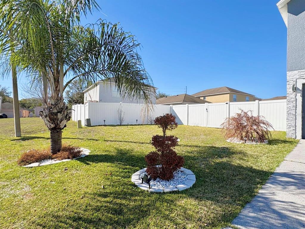 A backyard features a palm tree, a small topiary, and a shrub inside white fencing — 3142 WHISPERING TRAILS STREET, WINTER HAVEN, FL