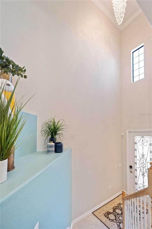 A high-ceilinged entryway features a teal ledge with plants, a chandelier, and a front door — 10817 TARFLOWER DRIVE UNIT 201, VENICE, FL