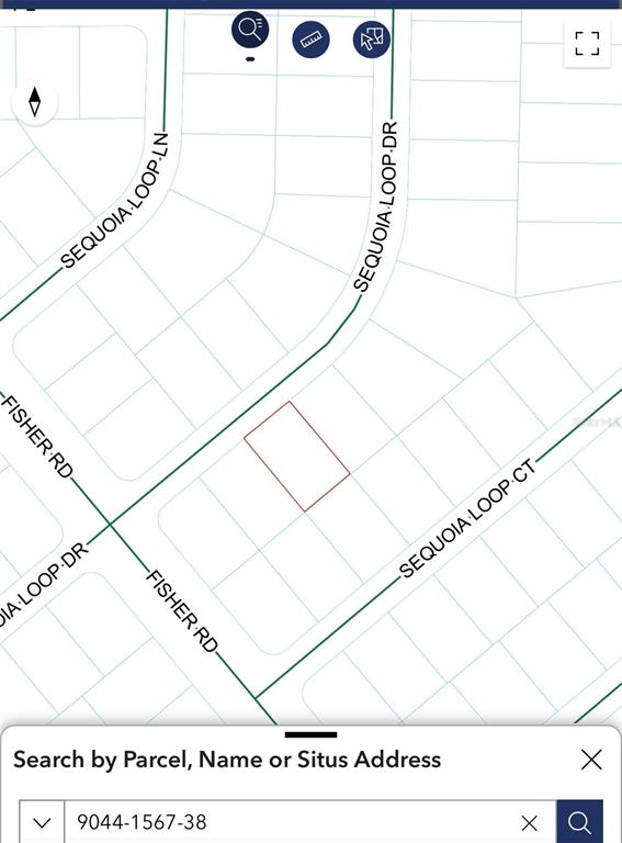This is a map showing a highlighted parcel of land near Sequoia Loop and Fisher Road — TBD SEQUOIA LOOP DRIVE, OCKLAWAHA, FL
