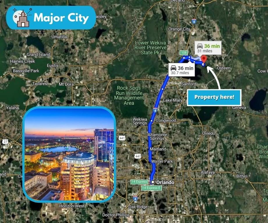 This map shows a driving route from Orlando to a property location near Osteen, Florida — 1877 TURTLE HILL ROAD, DELTONA, FL