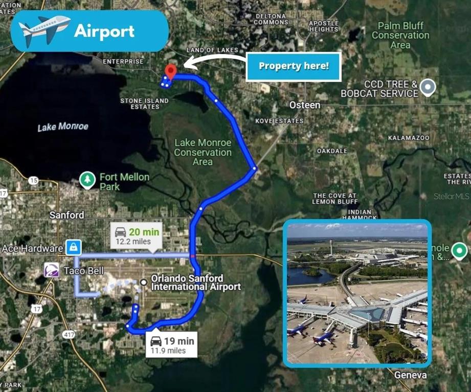 This map shows the driving route from Orlando Sanford International Airport to a nearby property — 1877 TURTLE HILL ROAD, DELTONA, FL