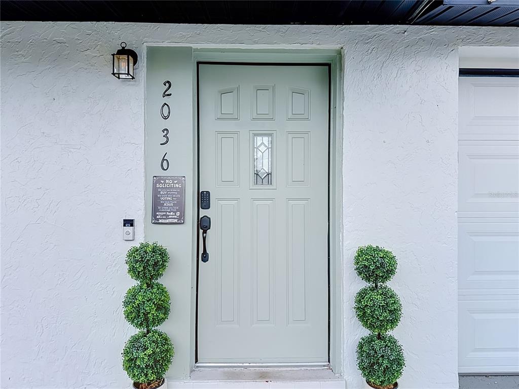 A light green front door with a small window is flanked by two topiary plants — 2036 SHANNON DRIVE, HOLIDAY, FL