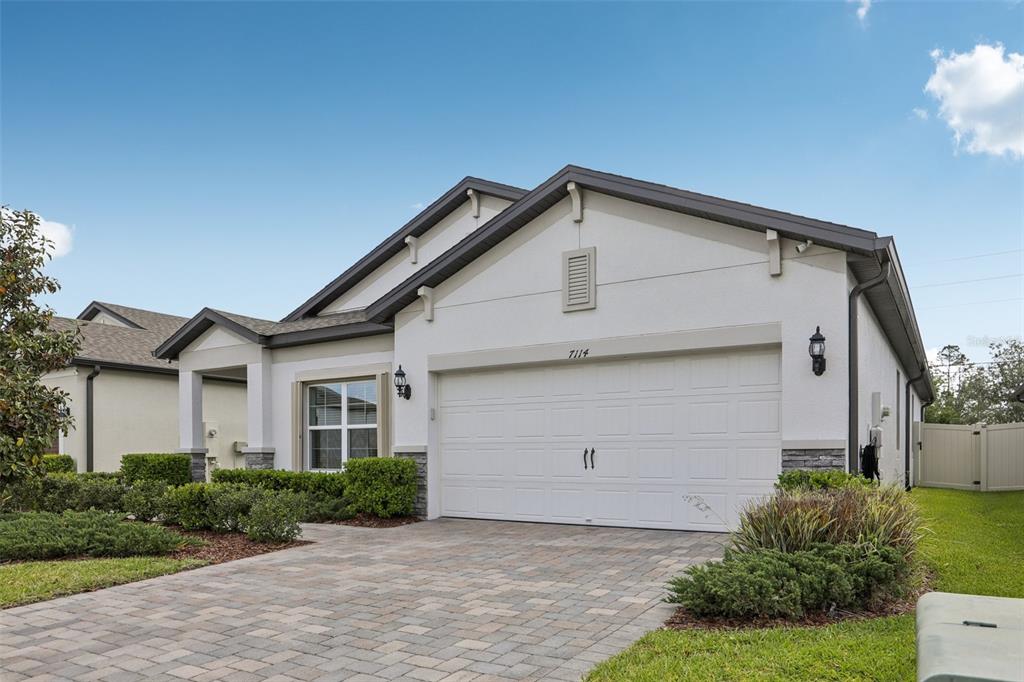 A single-story house with a white stucco exterior, a two-car garage, and a paved driveway — 7114 GULF CYPRESS AVENUE, LAND O LAKES, FL