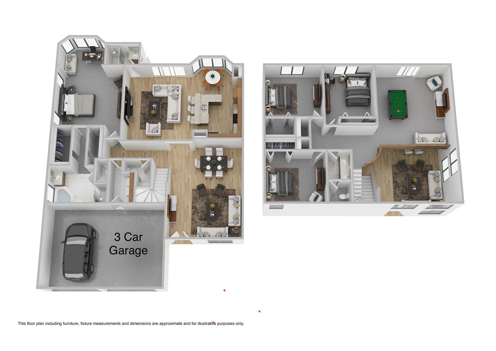 This floor plan rendering shows a two-story house layout with a three-car garage — 11772 Bayou Lane, Boca Raton FL 33498, BOCA RATON, FL