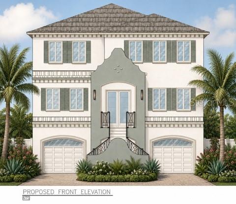 This is a digital architectural rendering of a three-story house with two garages and palm trees — 6527 BAYOU GRANDE BLVD NE, ST PETERSBURG, FL