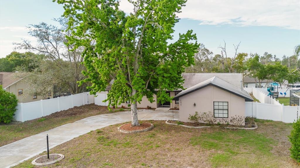 A single-story house with a large tree in the front yard and a concrete driveway — 2427 COMERWOOD DRIVE, SPRING HILL, FL