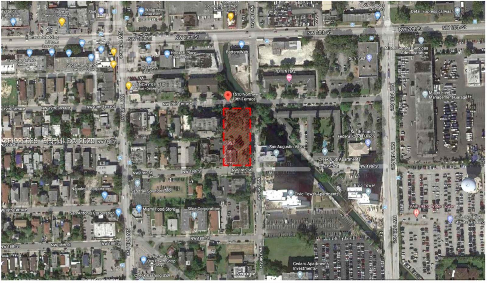 An aerial map view shows a rectangular property highlighted in red within a city neighborhood — 1900 NW 15th Ave, Miami FL 33125, MIAMI, FL