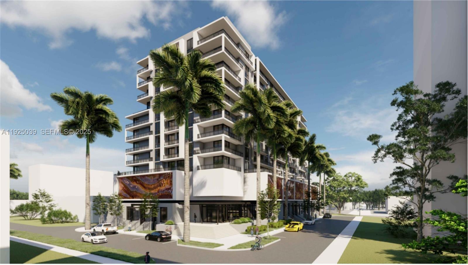 This is a rendering of a modern multi-story residential building with palm trees and cars — 1900 NW 15th Ave, Miami FL 33125, MIAMI, FL