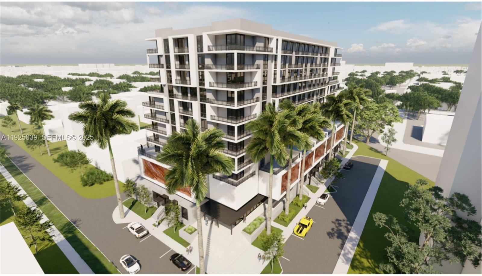This is a digital architectural rendering of a modern multi-story residential building with palm trees — 1900 NW 15th Ave, Miami FL 33125, MIAMI, FL