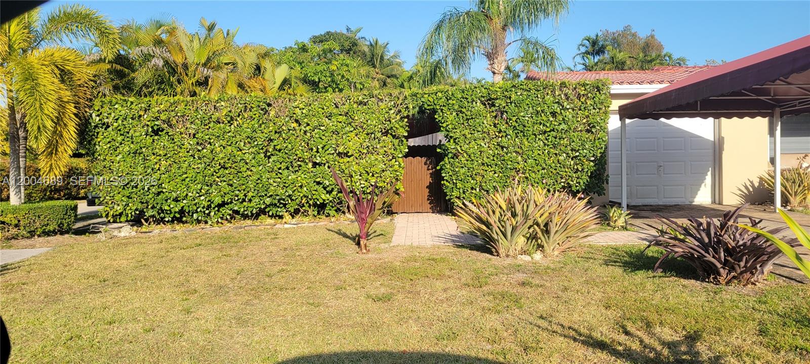 A paved walkway leads through a tall hedge to a wooden gate beside a garage — SOUTH MIAMI, FL