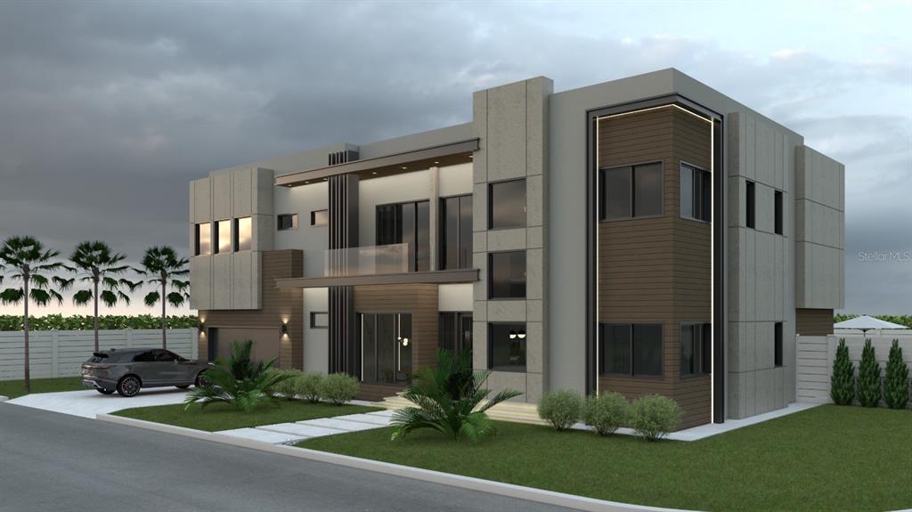 A digital rendering of a modern two-story house with concrete and wood-paneled exterior walls — 112 N LINCOLN AVENUE, TAMPA, FL