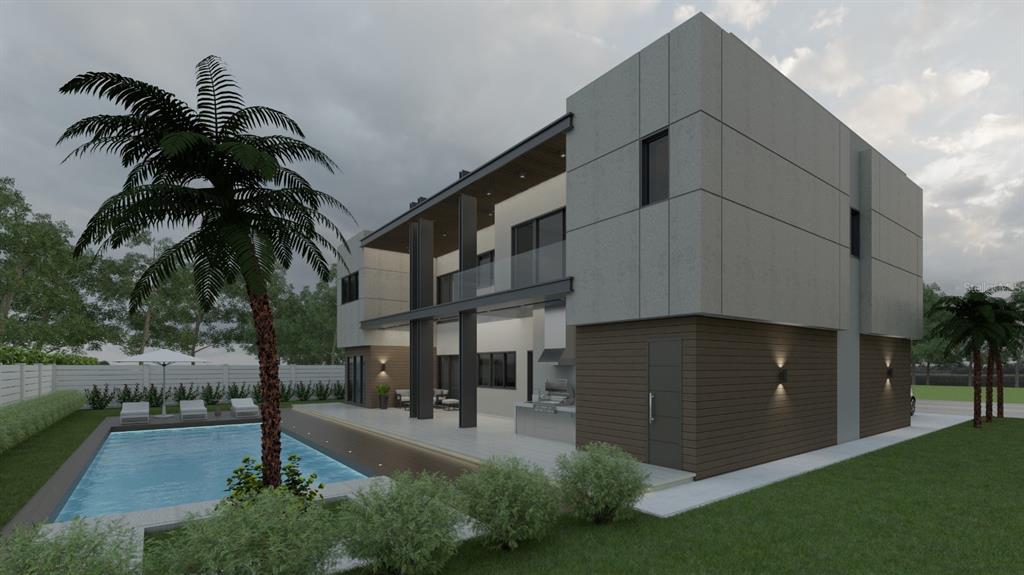 A rendering of a modern two-story house with a swimming pool and a covered patio — 112 N LINCOLN AVENUE, TAMPA, FL