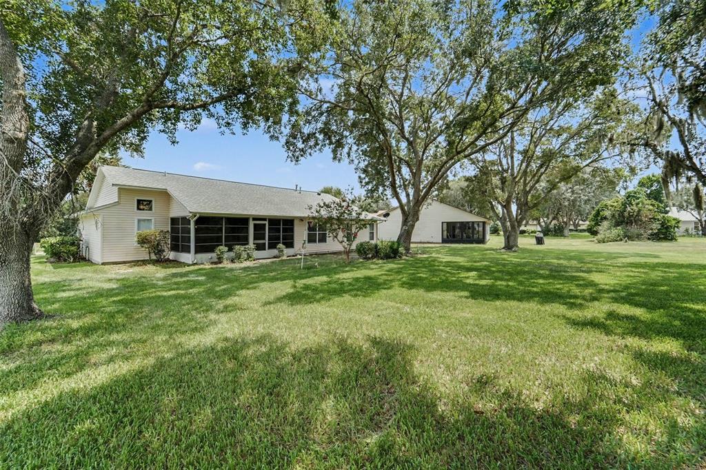 A backyard view of a light-colored house with a screened-in porch and large shade trees — 26166 NEWCOMBE CIR, LEESBURG, FL