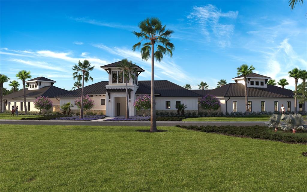 This is a digital rendering of a modern clubhouse exterior with palm trees and landscaping — 9122 BELLEVIEW FOREST PASS, DADE CITY, FL