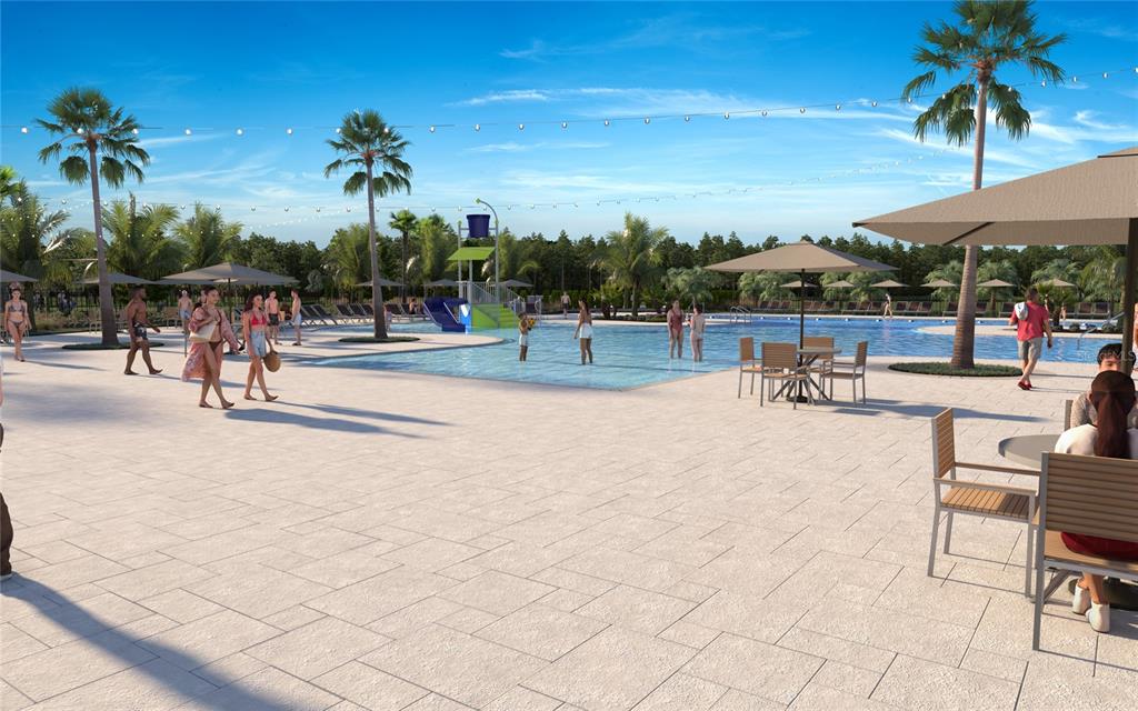 This rendering shows a resort-style swimming pool with lounge chairs, umbrellas, and palm trees — 9122 BELLEVIEW FOREST PASS, DADE CITY, FL