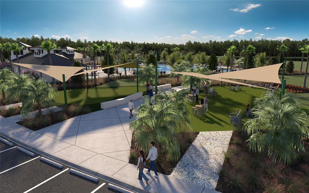This rendering shows an outdoor community space with a putting green, shade sails, and seating — 9122 BELLEVIEW FOREST PASS, DADE CITY, FL