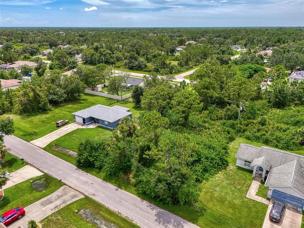 An aerial view shows two houses separated by a large, wooded vacant lot — DUAR TERRACE, NORTH PORT, FL